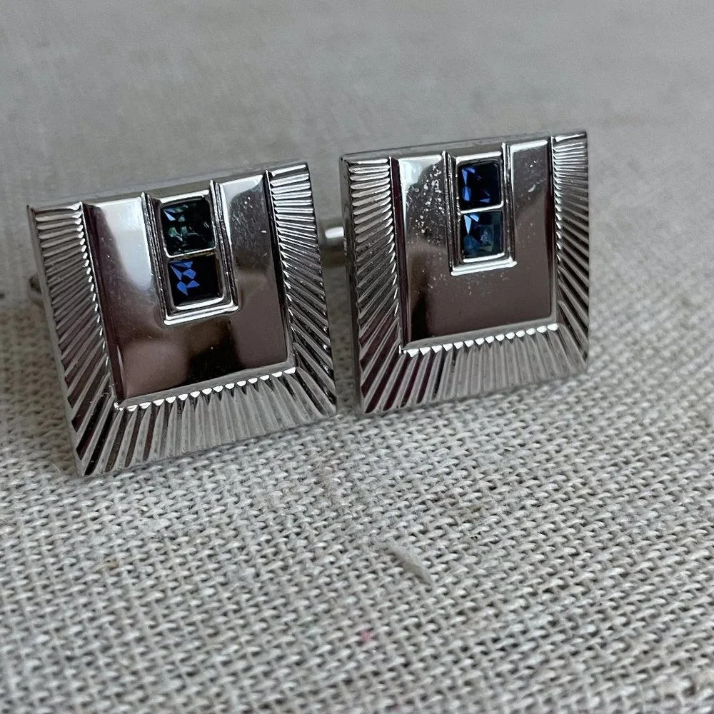 Vintage Shields Signed Silver Tone Blue Rhinestone Cuff Links